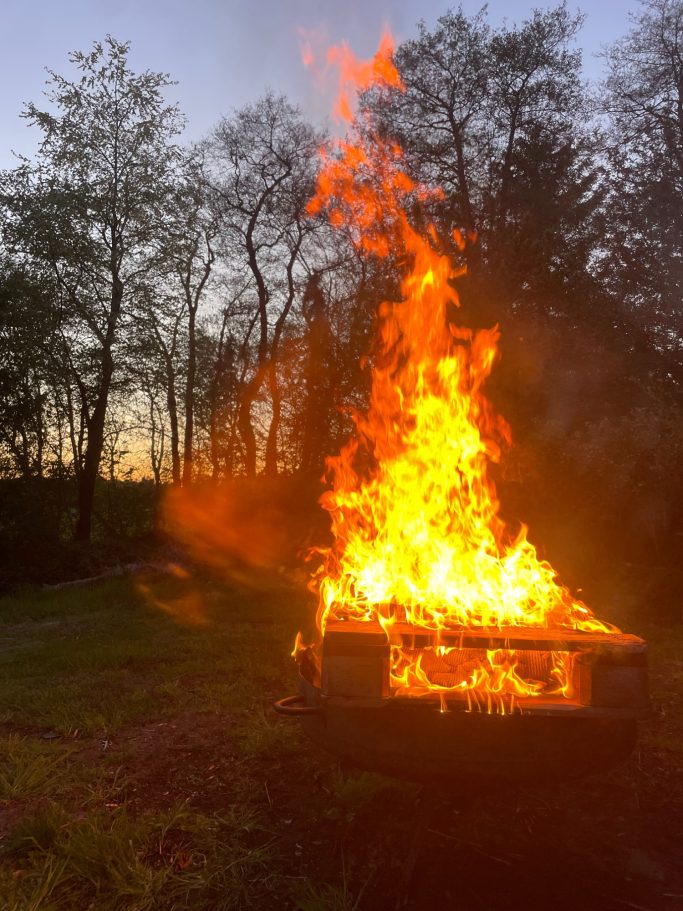Wollt ihr euch abends ans Feuer setzen und eure Marshmallows genießen? Lange draußen sitzen und Lagerfeuerflair erleben und lauschen? Lagerfeuer mit hoher Flamme vor einem Wald bei Sonnenuntergang.