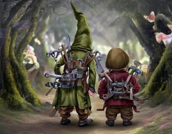 The Jens & The Jörg Zwei abenteuerliche Wesen in farbenfrohen Gewändern stehen im Wald, umgeben von Blumen.